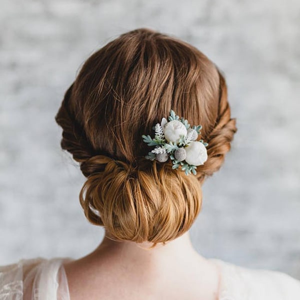 peigne cheveux mariage fleurs sechees et boutons de rose